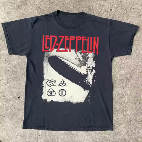 Summer Men's Pure Cotton Vintage Led Zeppelin T-shirt Streetwear Oversized Loose and Breathable Suit