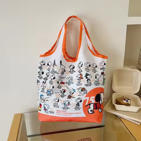 Snoopy 75th Anniversary Foldable Reusable Tote Bag Large Capacity Eco Friendly Shopping Shoulder Han