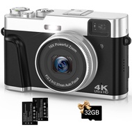 Digital Camera, 4K 48MP Autofocus Video Camera with 32G Card, 2 Batteries Viewfinder and Rotary Butt