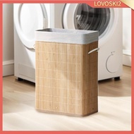 [Lovoski2] Bamboo Laundry Storage Basket Washing Basket Foldable with Handles Laundry
