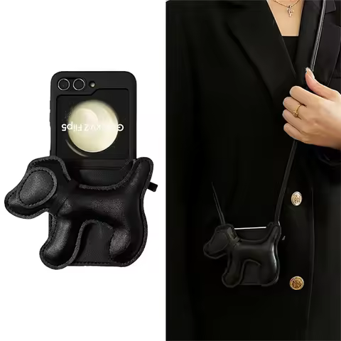 Crossbody Necklace Black Card Bag Dog Flat Leather Chain Case for Samsung Galaxy Z Flip8 Z Flip7 Z F