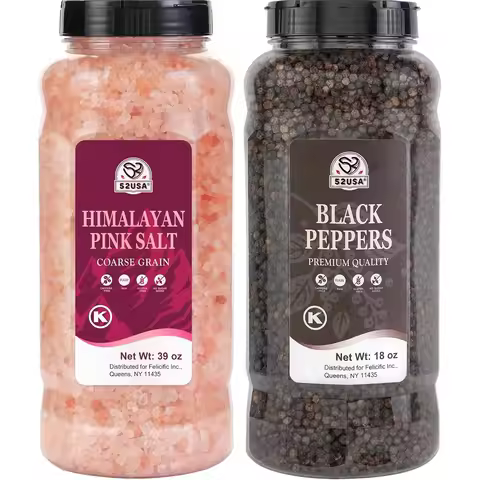 Black Peppercorns and Himalayan Pink Salt Set with Grinders, 2-Piece Refillable Kosher Sea Salt for