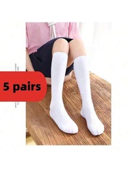 5雙白色無跟長筒兒童襪,適用於男孩、女孩春季、夏季穿著,薄款襪子,膝上襪,防蚊襪,校服襪