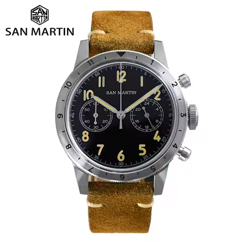 San Martin Vintage Men Quartz Watch Pilot VK64 Chronograph Watches Waterproof Luminous Quick Release