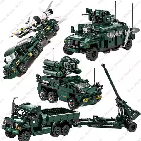 2024 Military Humvee Armor Vehicle M35a2 Truck Anti-aircraft missile vehicle Car Model Building Bloc