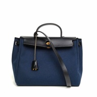 HERMES Herbag31黑色拼海軍藍帆布/牛皮Y刻金扣肩背包