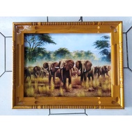 Auspicious Hanging Picture Wall Frame Teak African Elephant Size 46 X 58 Cm. 1