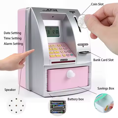 ATM Voice ATM Coin Operated Piggy Bank, Children's Mini Safe, Password Counting Piggy Bank with Time