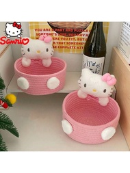 ตะกร้าเก็บของขนาดใหญ่แบรนด์ซานริโอ Hello Kitty - กล่องเก็บของสานสีชมพูน่ารักพร้อมตุ๊กตาแมว เหมาะสำหร