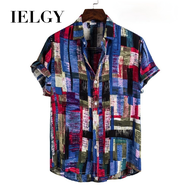 IELGY CS170 mens printed short-sleeved slim casual shirt
