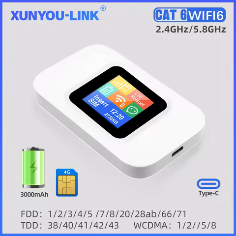 XUNYOU-LINK 4G+ WIFI 6 LTE Cat 6 Mobile WiFi Router Portable Hotspot with 3000mAh Battery High-Speed