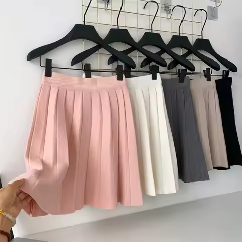 Karofi Women Solid Knitted Pleated Mini Skirt High Elastic Waist A Line Flare Short Skirt Elegant Sw