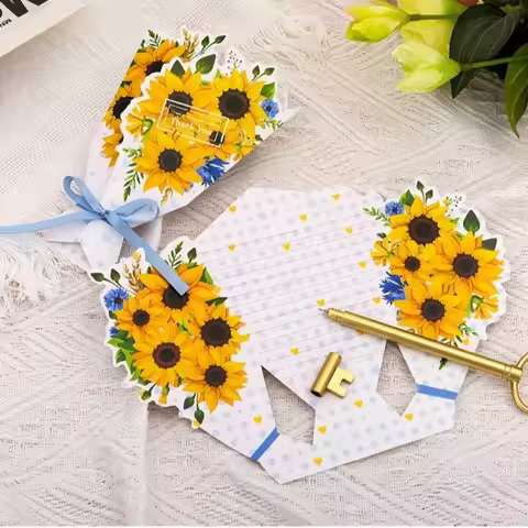 Best Wishes 3D Flower Bouquet Greeting Card Paper Craft Sunflower/Rose/Carnation/Lily Greeting Card 