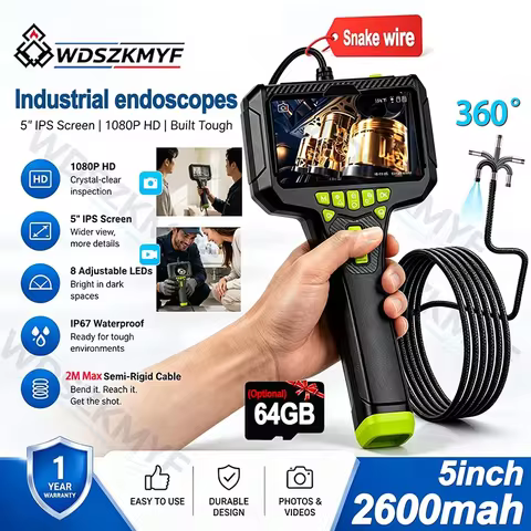 5" IPS Industrial Endoscope Camera 1-2M 6mm Probe Two‑Way 360° Articulating 64G IP67 Waterproof for 