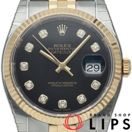 勞力士 Datejust 36 男士腕錶，五珠鏈，10P 鑲鑽，帶二維碼印記，Datejust 36 男士腕錶 116233G（隨機），帶原裝盒和保固卡，K18YG/SS 錶殼，黑色，成色極佳 [二手