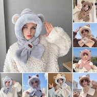 Fzg_Thermal Elastic Scarf Hat Bear Ear Decoration Autumn Winter 2-in-1 Scarf Outdoor Activities Skii