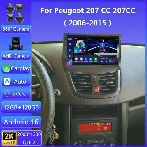 Android 16 Carplay Auto 2K Screen Car Radio BT Multimedia Player For Peugeot 207 CC 207CC 2006 - 201