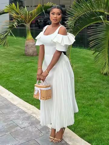 AOMEI Elegant Slim Fit Dresses for Women Spaghetti Straps White Pleated Ankle Length Short Butterfly