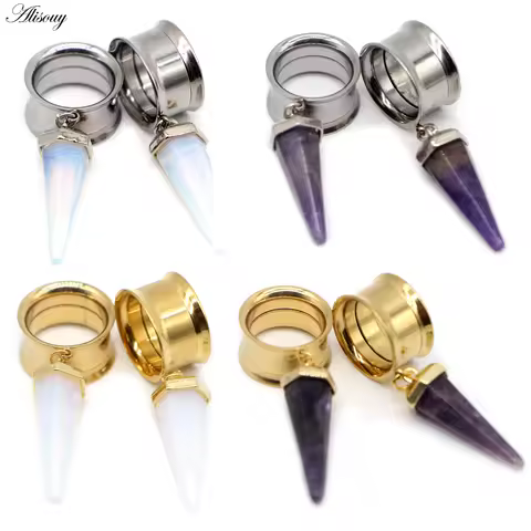 Alisouy 2pcs Surgical Steel Opal Purple Stone Ear Plug Tunnel Expander Ear Gauges Cone Internally Th