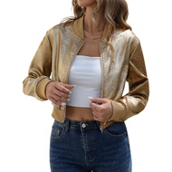 Womens Metallic Varsity Baseball Jacket Zipper Long Sleeve Cropped Coat Casual Autumn Winter Outerwe