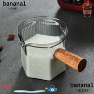 BANANA1 Milk Cup, with Wood Handle Glass Espresso Cup, Easy to Clean Gray High Quality Vertical Grain Measuring Cup Milk Espresso Shot