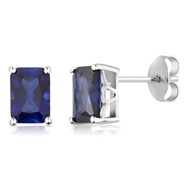 925 Sterling Silver Simulated Blue Sapphire Bridal Stud Earrings For Women (2.00 Cttw, 7X5MM Emerald