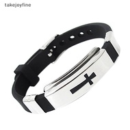 TFPH Men Fashion Silver Cross Stainless Steel Black Rubber Bracelet Bangle Wristband Fad