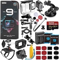 GoPro HERO9 (Hero 9) Black with Deluxe Outdoor Bundle - Includes: SanDisk Extreme PRO 64GB miniSDXC, 2X Replacement Batteries, Action Camera Mount Harness for Pets, Underwater Housing &amp; So Much More