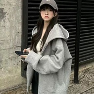 秋天外套Autumn coat灰色连帽卫衣外套女春秋薄款韩版宽松bf慵懒风早秋上衣ins风开衫t新品25.8.22