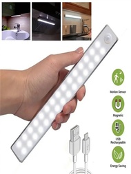 1入組雙排LED櫥櫃燈，USB磁感充電，冷白光，11cm/20cm/30cm，適用於陳列櫥、廚櫃、室內夜間照明