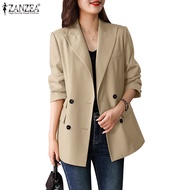 ZANZEA Women Korean Long-Sleeved Decorative Pocket Flaps Double-Breasted Blazer