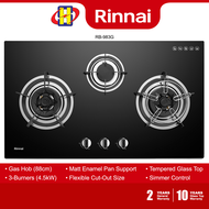 Rinnai Built-In Hob (88CM/4.5kW) 3-Burner Matt Enamel Pan Support Tempered Glass Top Gas Hob RB-983G