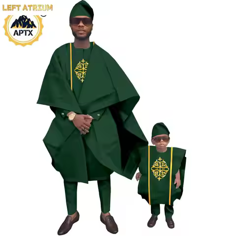 African Men Clothes Dashiki Family Outfits Father and Son 3 Pieces Agbada Hat Robe Top and Pant Sets