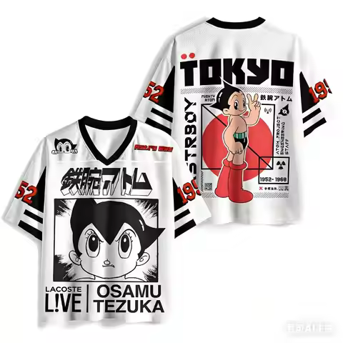 2026 Retro Astro Boy Osamu Tezuka Print Mesh Jersey T-shirt Men Oversized Streetwear V-Neck Casual A