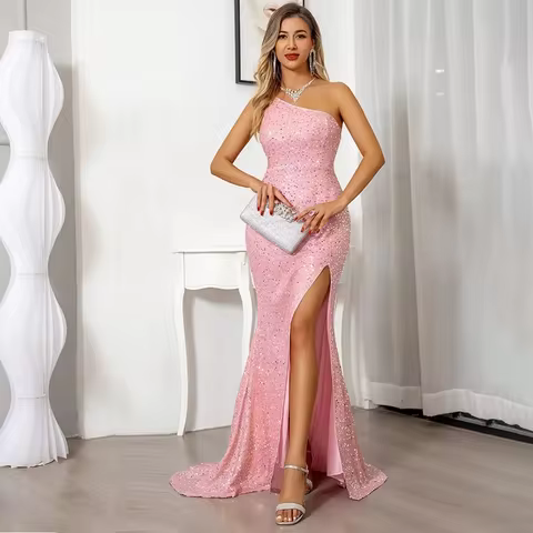 Elegant Pink Sequin Evening Dress One-shoulder Side slits Mermaid formal occasion prom vestidos de n