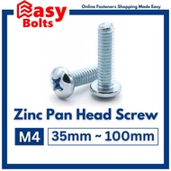 Zinc / GI Pan Head Machine Screw M4 x 35mm ~ 100mm (Coarse Thread Pitch 0.7mm) (Phillips PH MC Bolt)