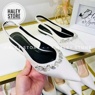 Giày max chuỗi đá bệt HALEY STORE gót phẳng đính đá da bóng bít mũi quai kéo tiểu thư cô dâu tiệc cư