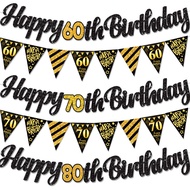 Black Gold Happy 21 30 40 50 60 70th 80th 90th Birthday Banner Garland Hanging for DIY Adult Party D
