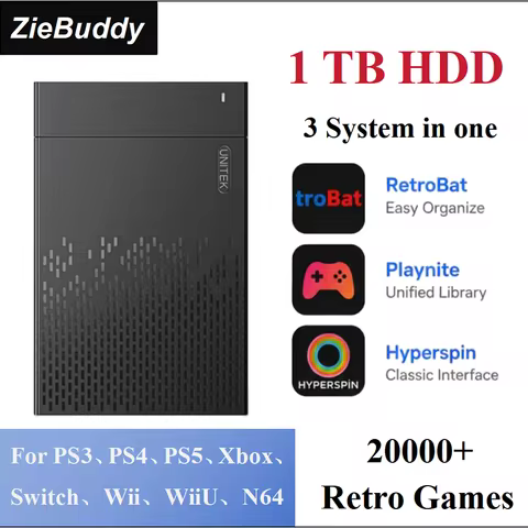 ZieBuddy 1TB Retro Gaming HDD With Playnite RetroBat & Hyperspin 20000+ Retro Games Plug & Play for 