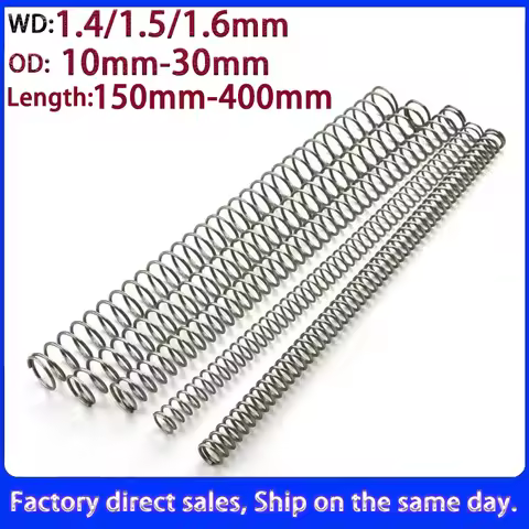 1Pc 1.4/1.5/1.6mm 304 Stainless Steel Long Compression Spring, OD:10mm-30mm, Length: 150/200/250/300