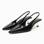 Zara2023 Autumn New Product Women's Shoes Black Metallic Heel Mules Open Heel Shoes Pointed Toe Stone Pattern Sandals