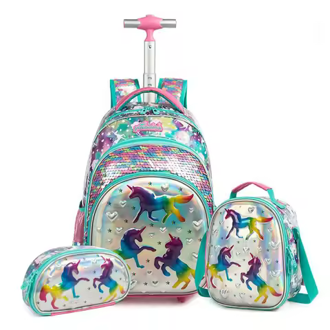 Children's School Backpack with Wheels Sequin Girls School Bag Elementary Students Wheeled Backpack 