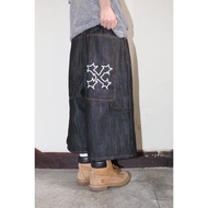 < E-fact > SECOND ALLEY🔥Sewing Stitch Street Skull Cross Denim Denim Cropped Pants-2color