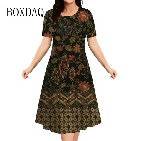 Vintage Ethnic 3D Print Dresses Summer Women O-Neck Short Sleeve Casual Loose A-Line Dress Fashion P
