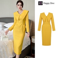 Happy Diva เดรสผู้หญิง เดรสสีเหลือง สีแดง เดรสเสื้อสูท เดรสแขนยาว เดรสทำงาน เดรสไฮโซ เดรสออกงาน เดรส
