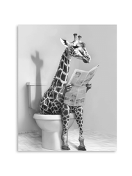 非框畫長頸鹿兒童浴室牆藝術畫布浴室圖畫,有趣的動物在馬桶上看報紙黑色和黑色牆藝術