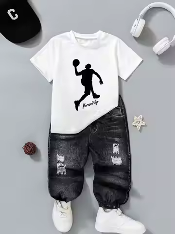 (143) Boys' Casual Street Fashion Printed Knit Pants Set, Suitable for Street Photography and Everyd