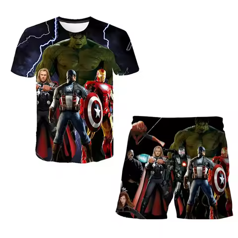 Kids Summer Marvel Tshirt Set Boys Spider-Man Trendy 2 Piece Hulk Iron Man Spiderman Outfit