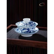 京德貴和祥三才蓋碗茶杯手繪青花瓷靈芝草景德鎮陶瓷單個泡茶茶具