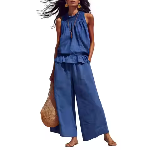 2Pcs/Set Summer Women�s Outfit Western-style Vintage Bohemian Ruffled Cotton-linen Suit Fashion Loos